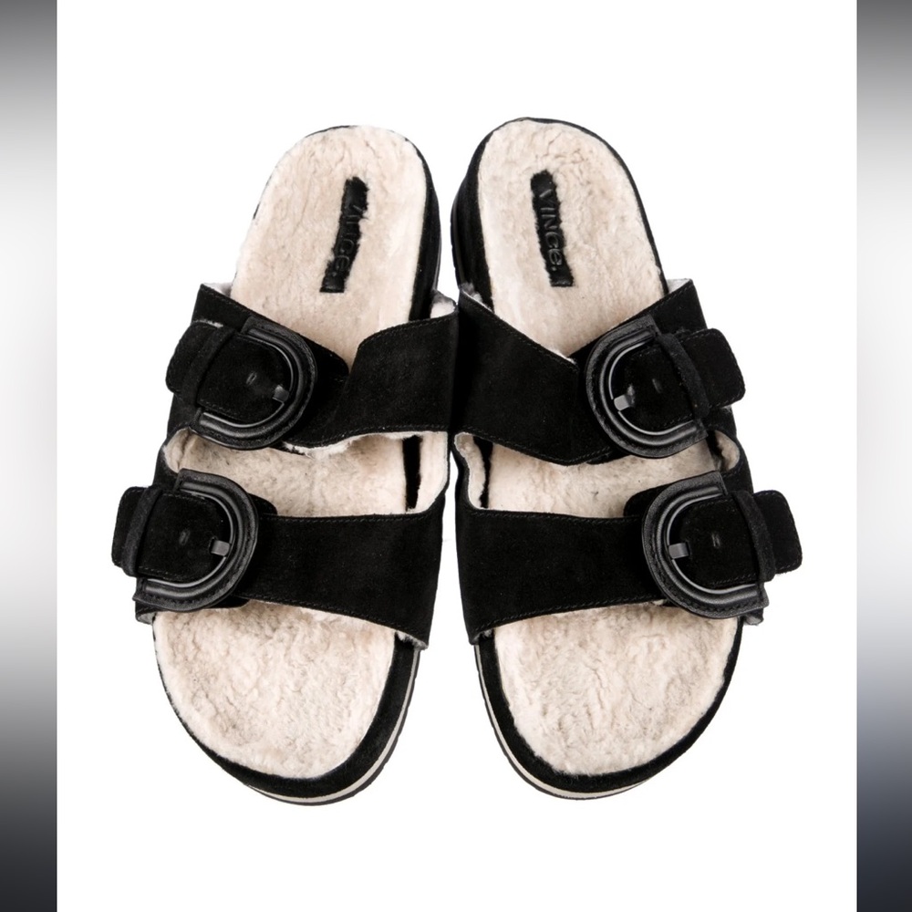 VINCE Shearling Colorblock Pattern Slides
